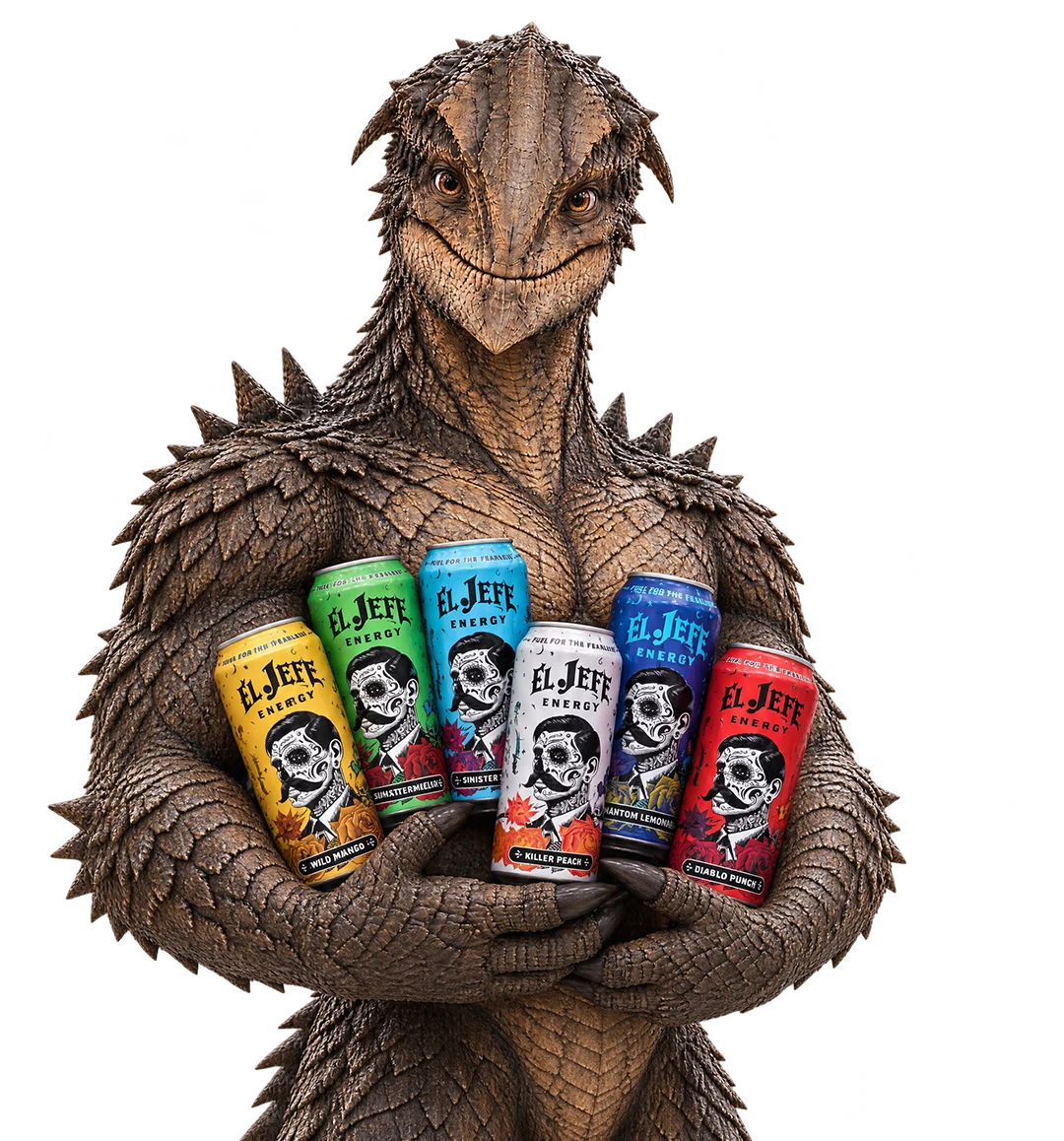 Vriendelijk monster met zes verschillende smaken El Jefe Energy in zijn armen.