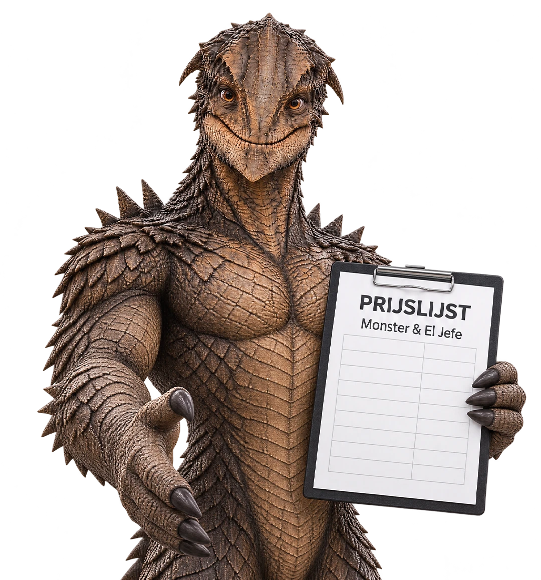 Vriendelijk monster presenteert de prijslijst voor Monster en El Jefe en steekt zijn hand uit.