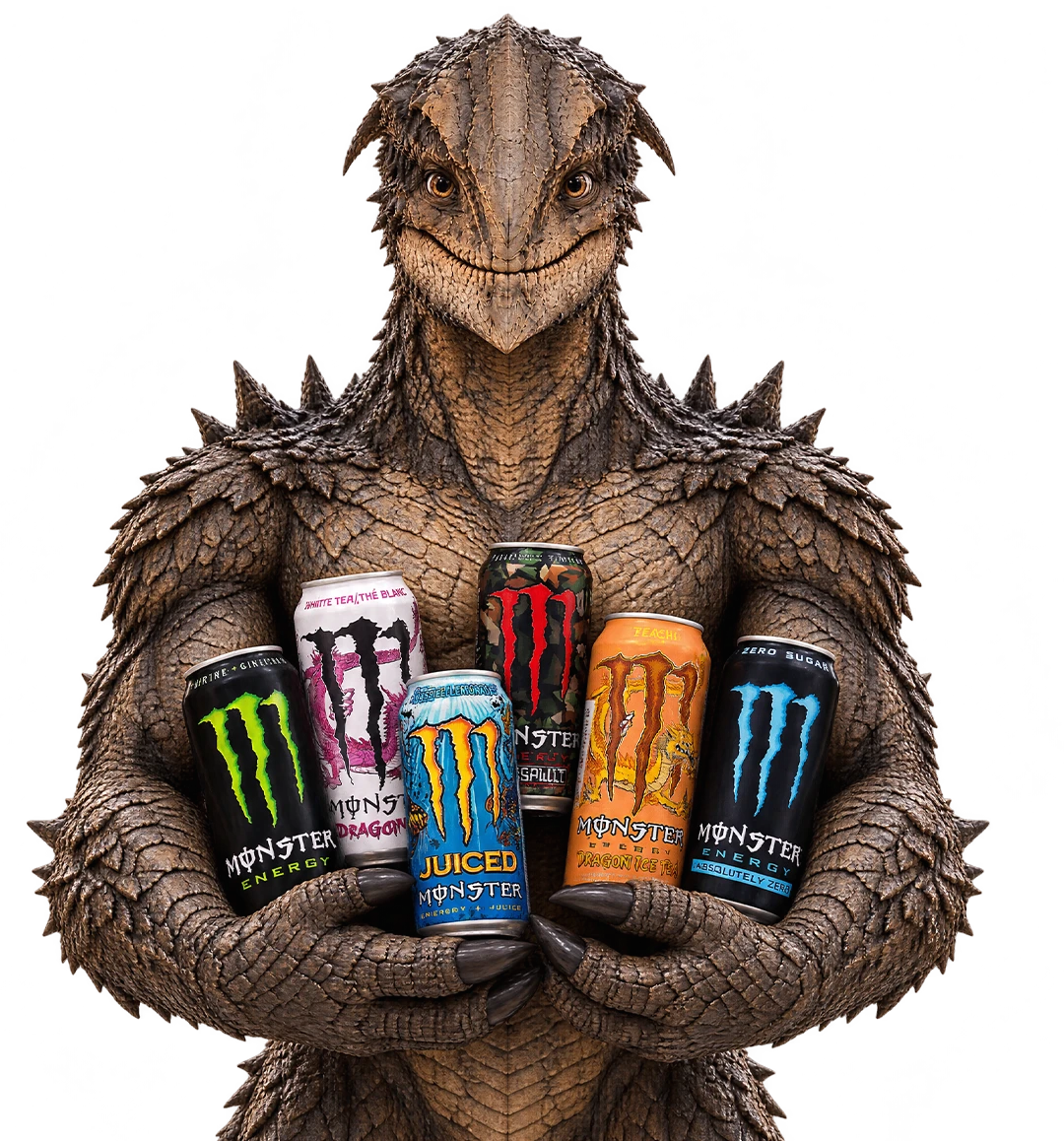 Vriendelijk monster met verschillende smaken Monster Energy in zijn armen.