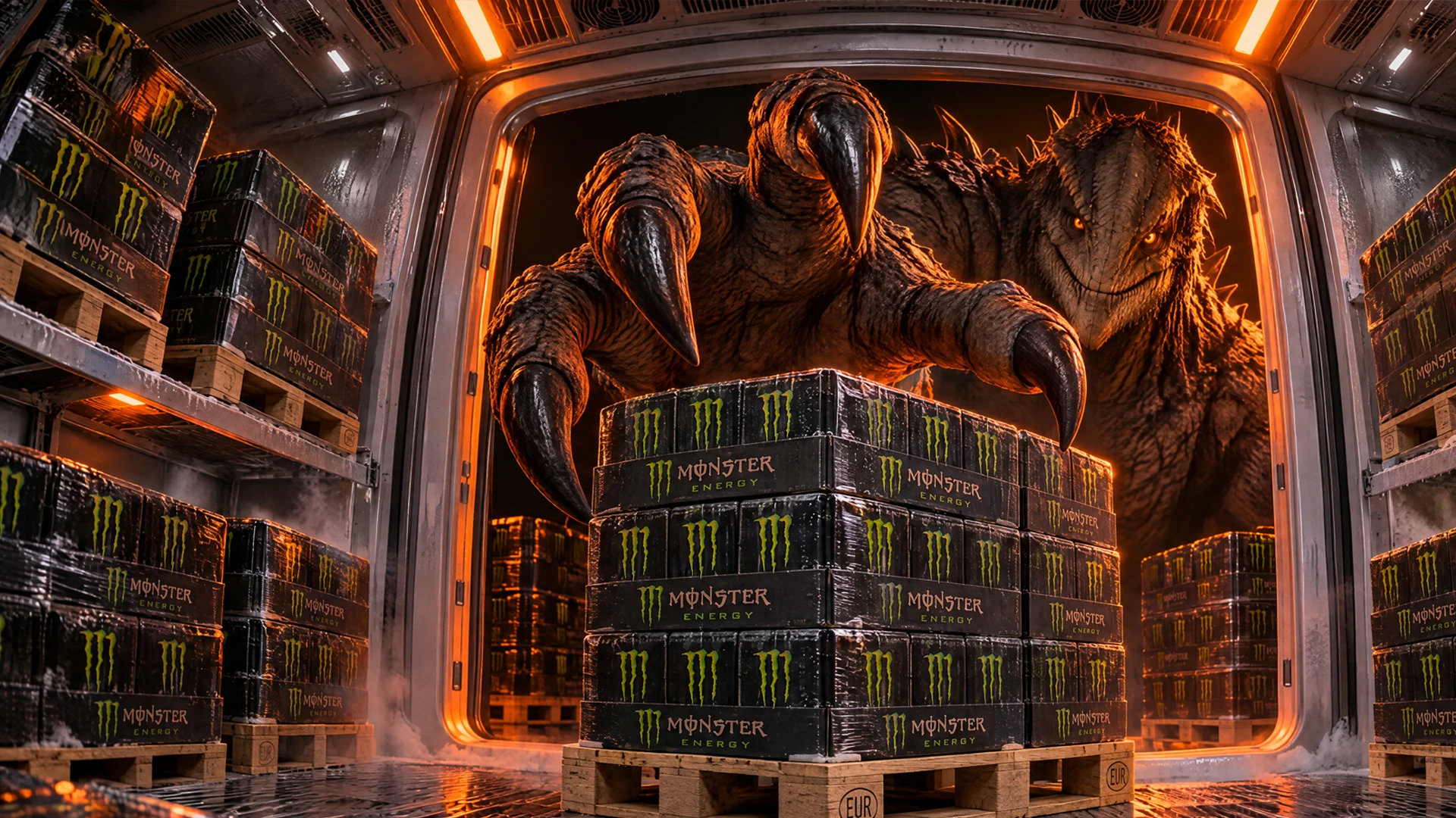 Monster achter een pallet met Monster Energy in een warm verlichte opslagruimte.