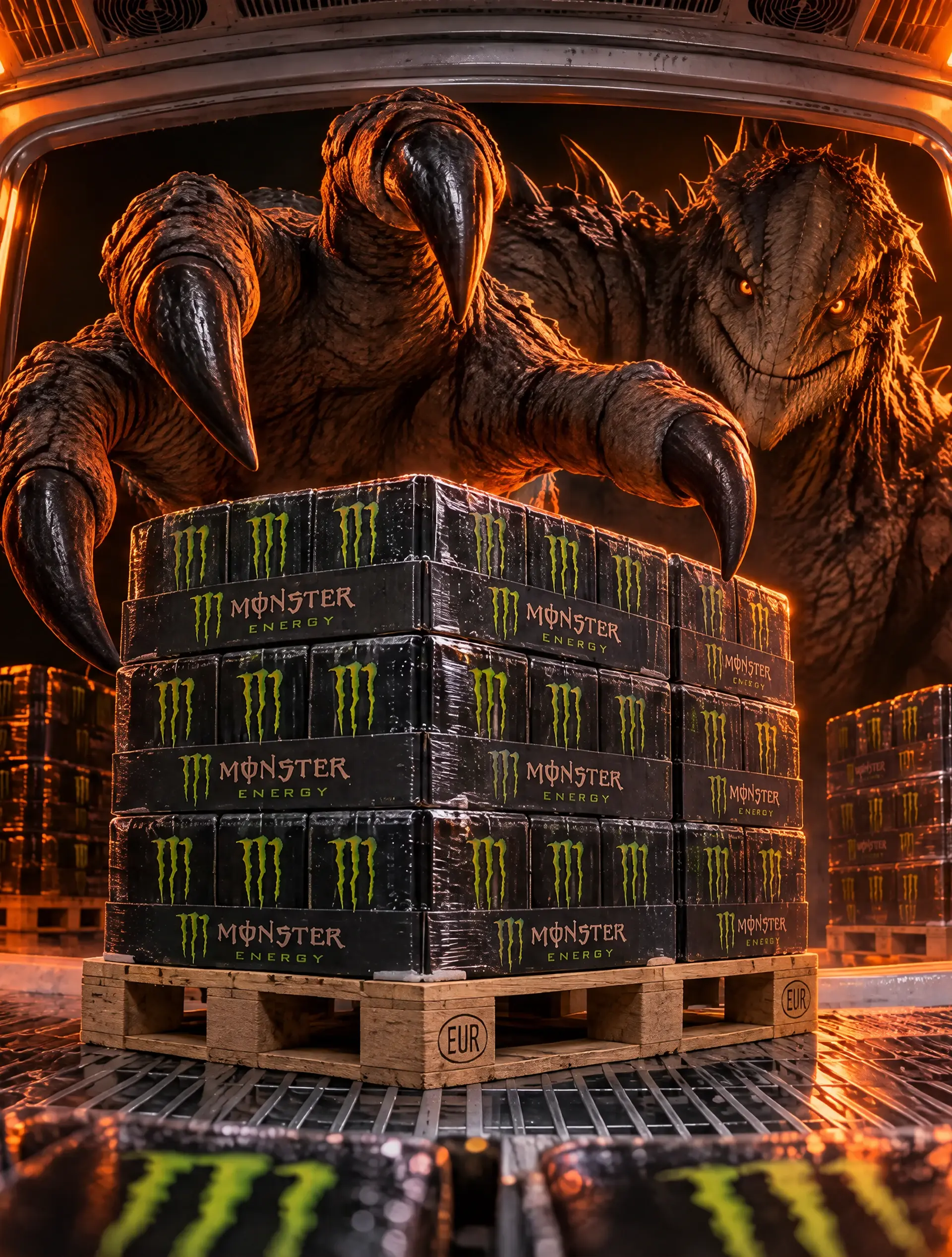 Monster achter een pallet met Monster Energy in een warm verlichte opslagruimte.