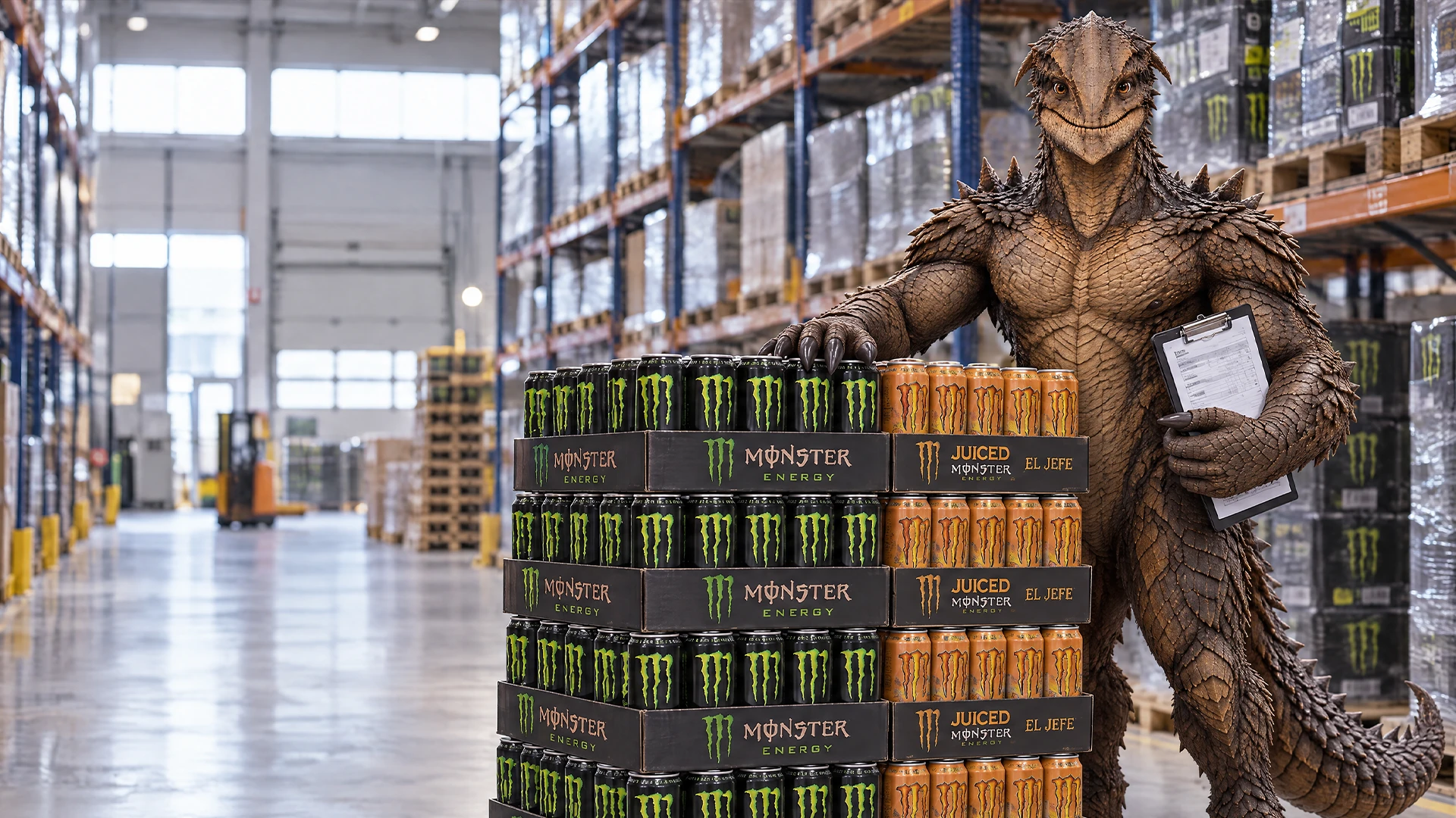Monster met een klembord naast een pallet energiedrank in een groothandelsmagazijn.