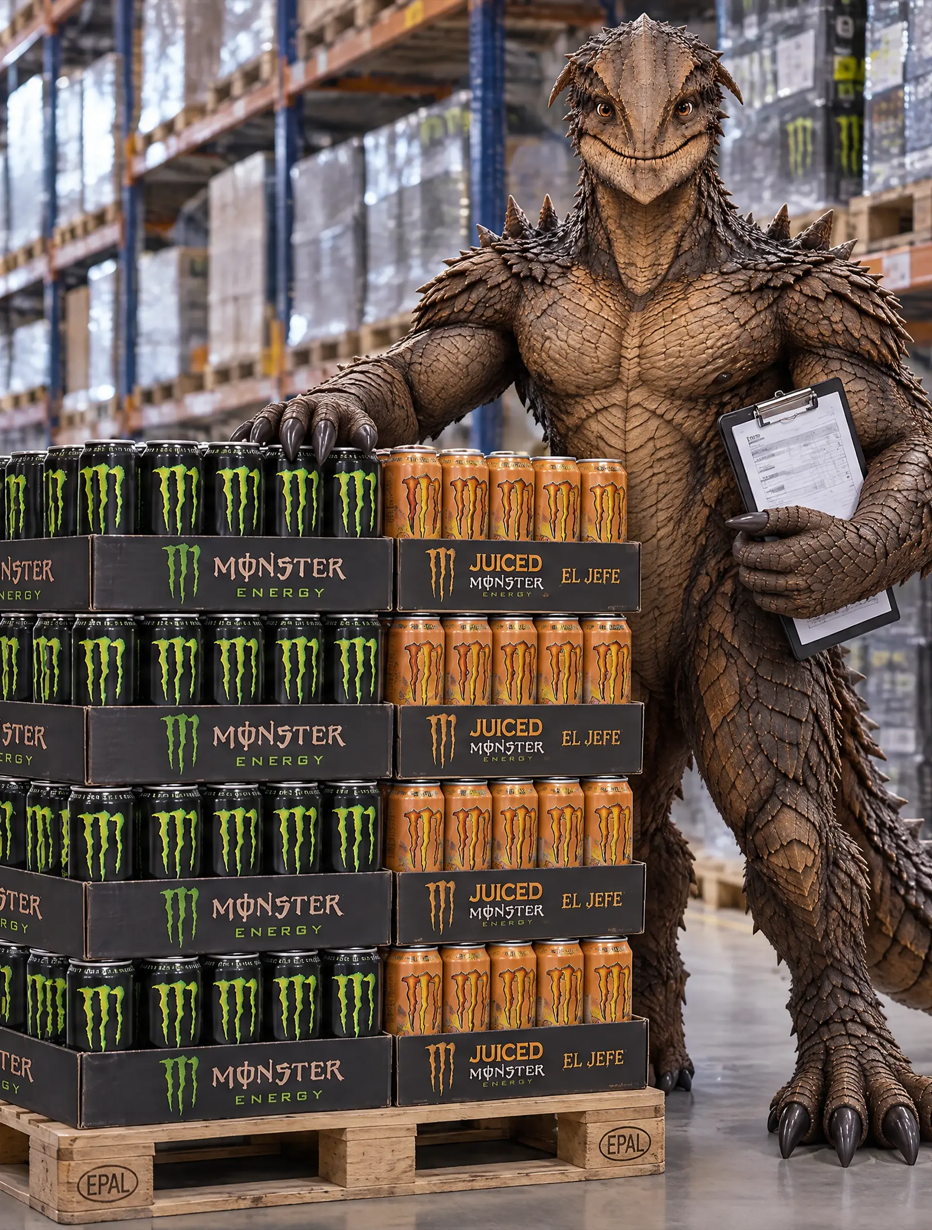 Monster met een klembord naast een pallet energiedrank in een groothandelsmagazijn.